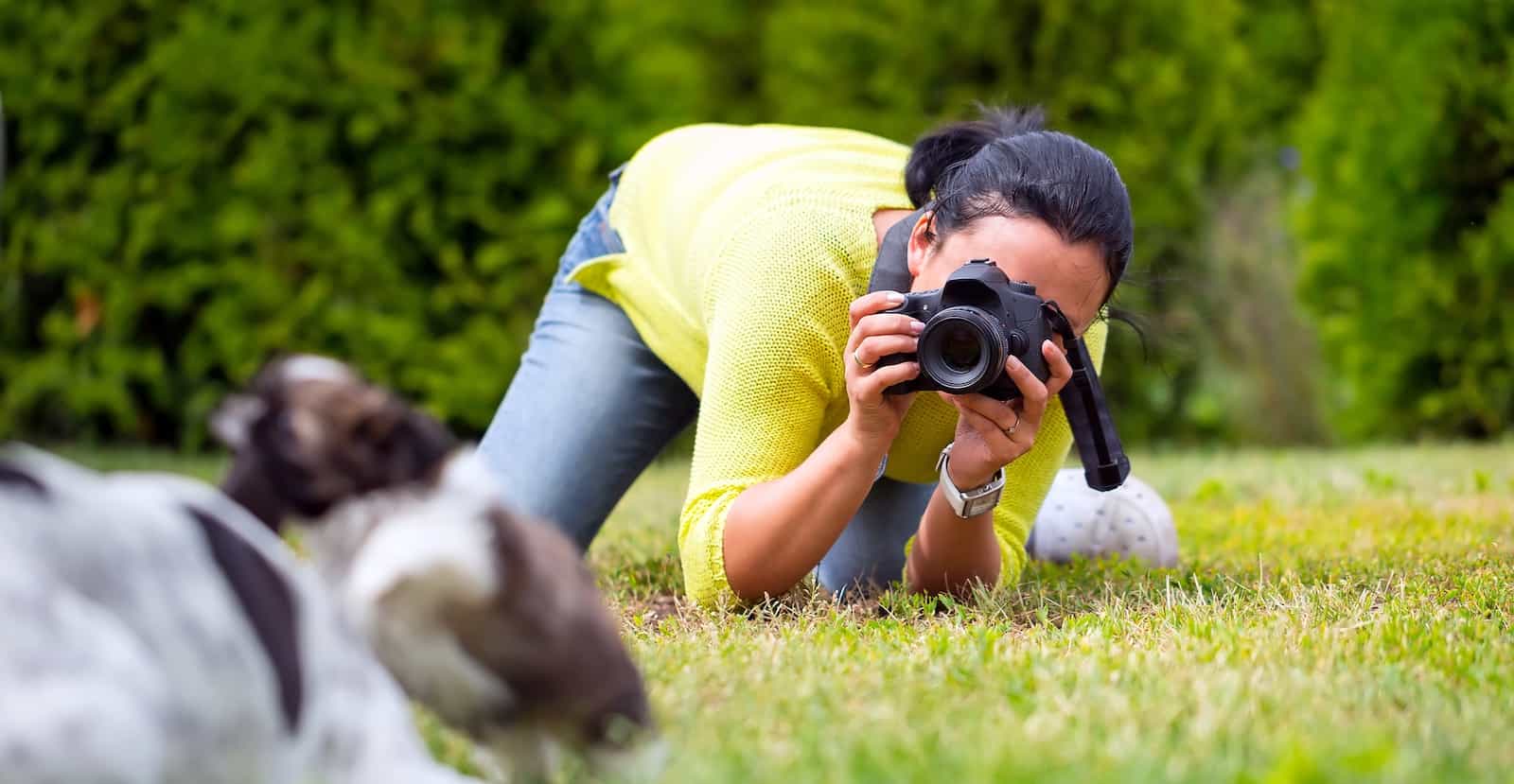 ung tjej fotograferar två hundvalpar i gräset